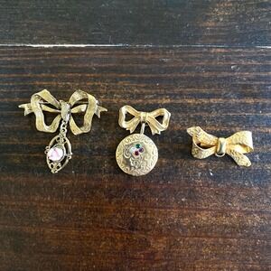 Vintage Avon Gold Tone Bow Brooch Lot Pink Rose DEAR Rhinestone 3pc Set